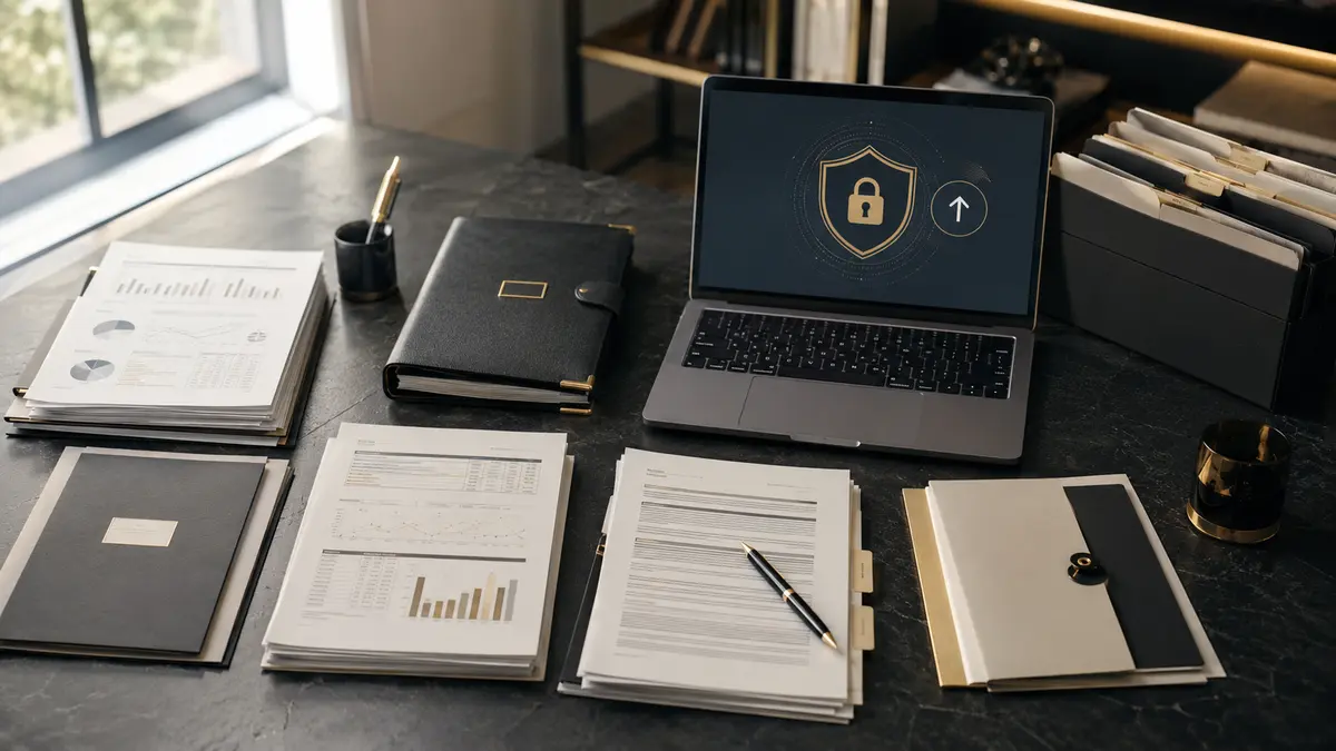 Mesa de trabalho com documentos, calculadora e relatórios