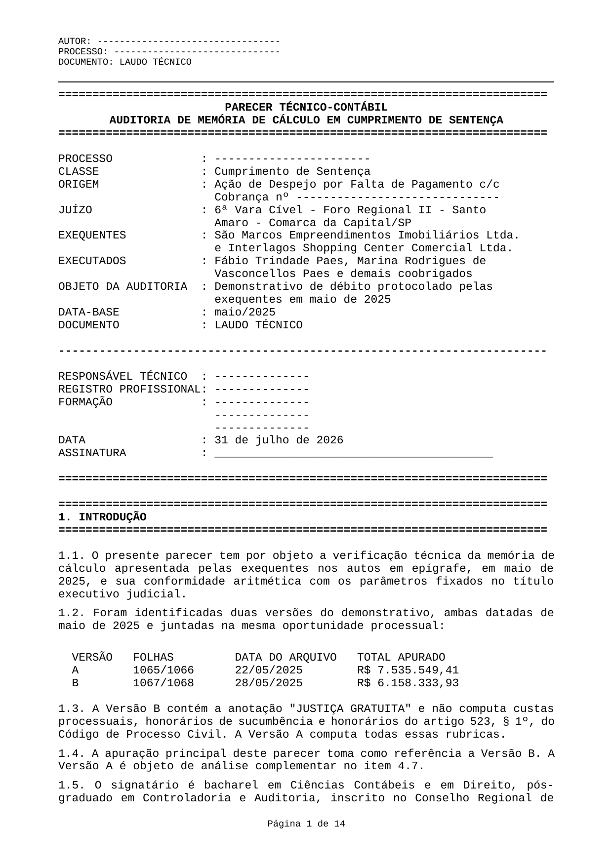 Parecer técnico-contábil de exemplo — página 1 de 14